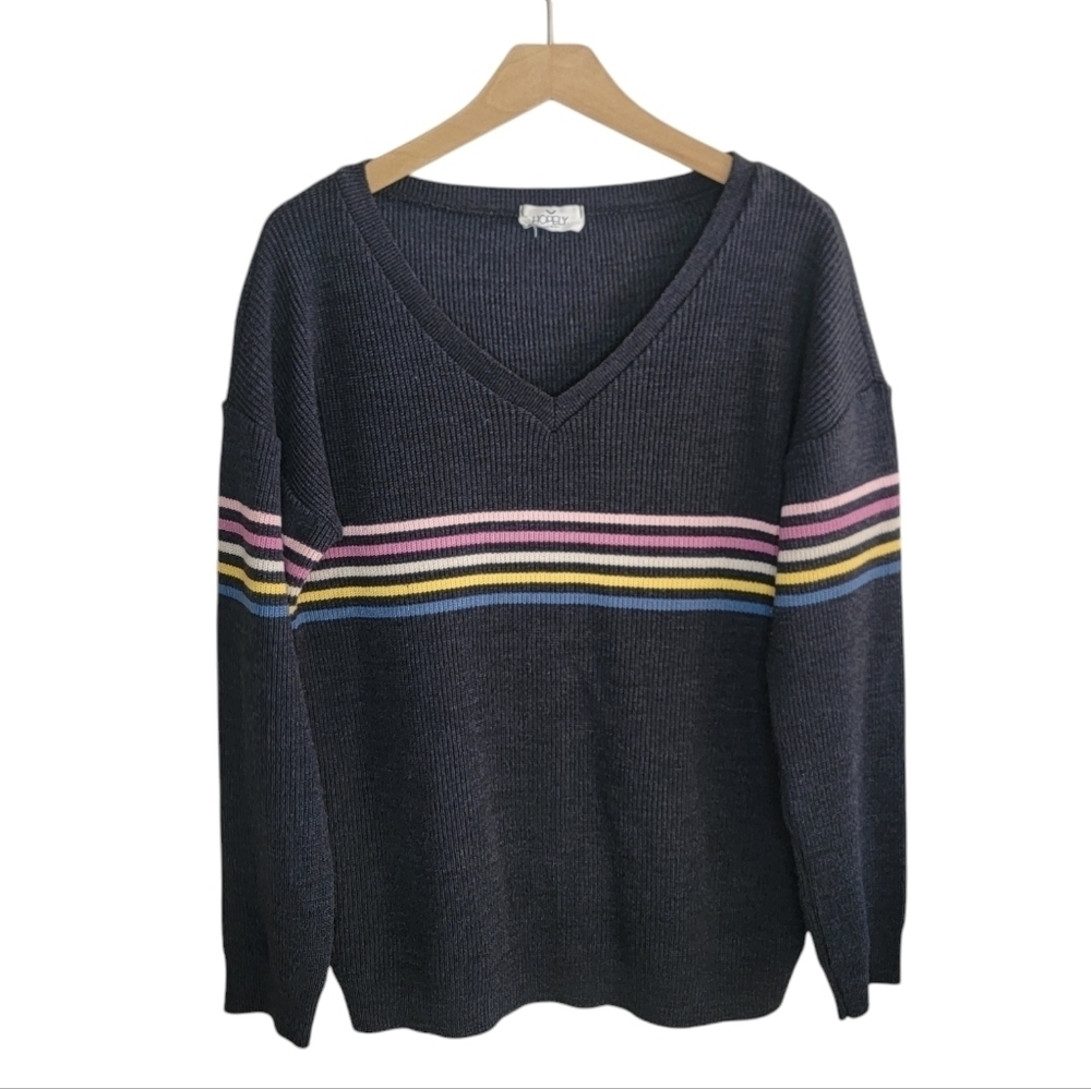 Hopely Dark Gray V-neck Colorful Chest Stripe Sweater
